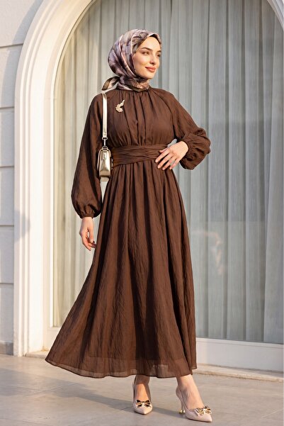 Modamorfo Beli Belted, Elasticated Sleeve, Brooched, Lined Linen Look Dress -...