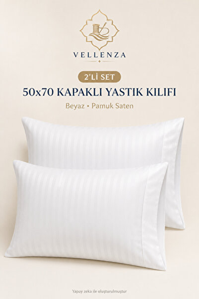 2 Adet 50x70 Beyaz Çizgili Pamuk Saten Kapaklı Yastık Kılıfı Yumuşak Pürüzsüz Otel Tipi