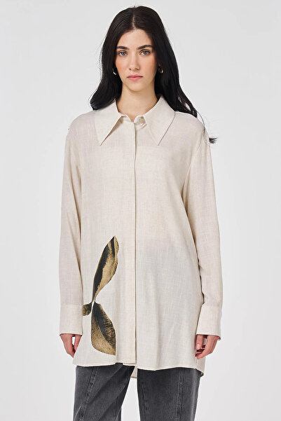 Kayra Printed Detailed Viscose Linen Tunic Cream