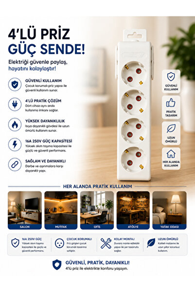 Mutlusan 4'lü Grup Priz Çoçuk Korumalı Duvara Montaj Aparatlı