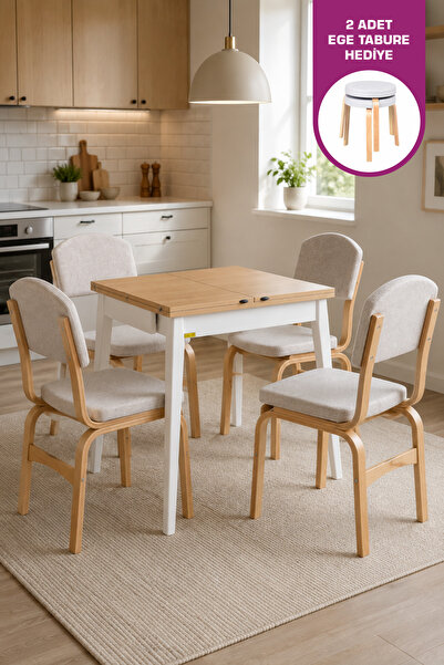 VİLİNZE Ege Sandalye Avanos Ahşap MDF Kanatlı Mutfak Masası Takımı - 70x70+70 cm