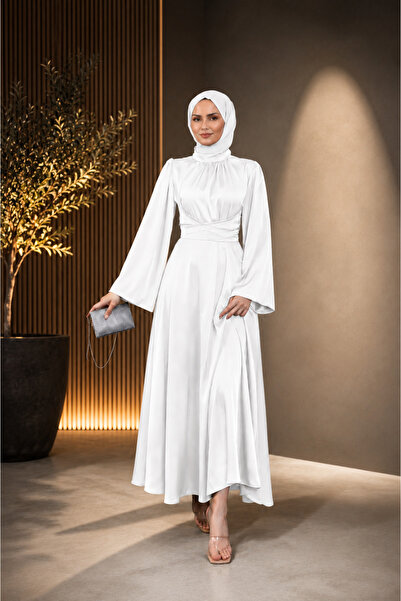 STYLE NİŞANTAŞI Beyaz Tesettür Saten Abiye Elbise Kemerli Uzun