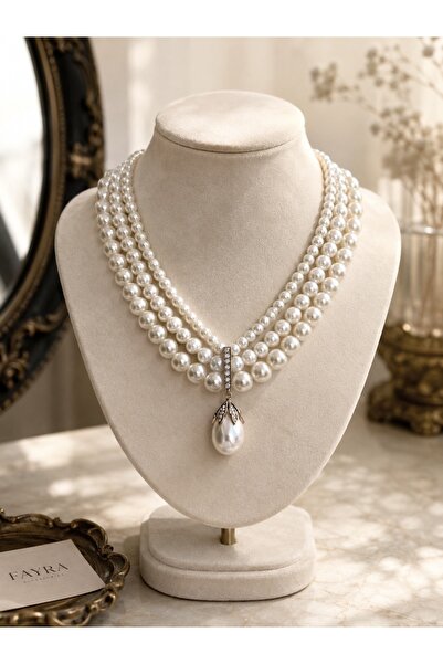 FAYRA ACCESSORIES Zirkon Taşlı İnci Kolye 3 Sıra Tasarım İnci Sallantılı