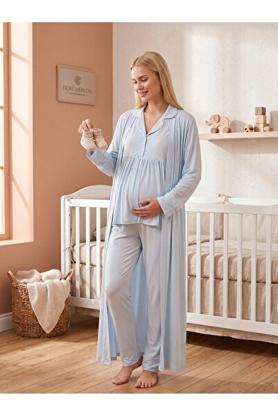 Lady Lingerie طقم بيجامة للحوامل والمرضعات من 3 قطع مع قميص بأكمام طويلة وبنط...