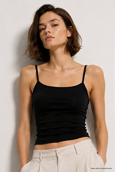 WILD BEE Women's Black Slim Fit Crew Neck Strappy Crop Tank Top