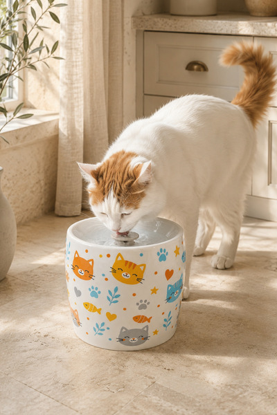 Pawicci Kedi Köpek Porselen Su Pınari Otomatik Filtreli Pompa Seramik 1,3 L LED Işıklı USB Adaptörlü Su Sebili