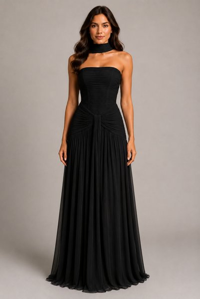 Pozdapoz Drapeli Strapless Long Chiffon Evening Dress