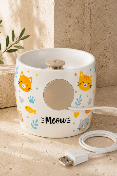 Pawicci Kedi Köpek Porselen Su Pınari Otomatik Filtreli Pompa Seramik 1,3 L LED Işıklı USB Adaptörlü Su Sebili