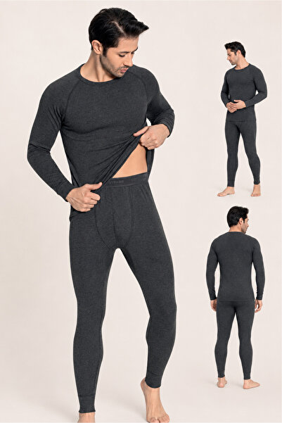 Cotpark Men's Cotton Thermal Underwear Set Anthracite Long Sleeve Top and Bot...