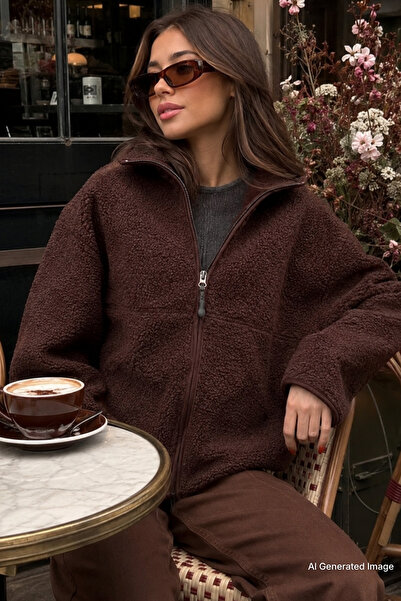 Madmext Kahverengi Fermuarlı Kapüşonlu Polar Kadın Ceket MG2569