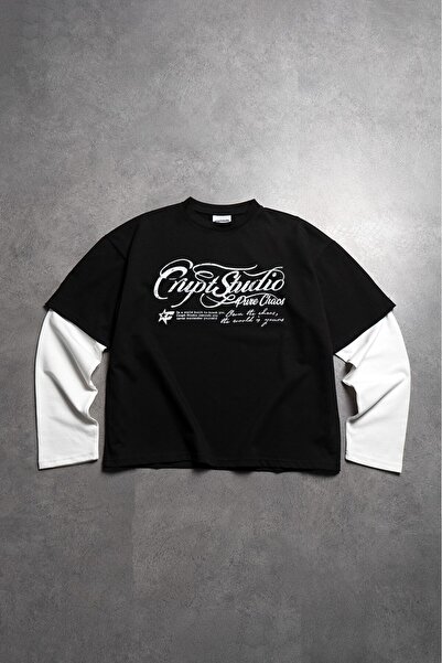 Crupt Studio Tricou bărbătesc alb Pure Chaos cu mânecă lungă și croială scurtă