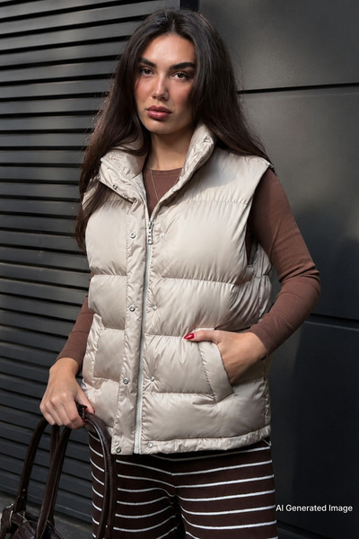 Madmext Beige Mock Neck Lined Women's Puffer Vest Mg2592