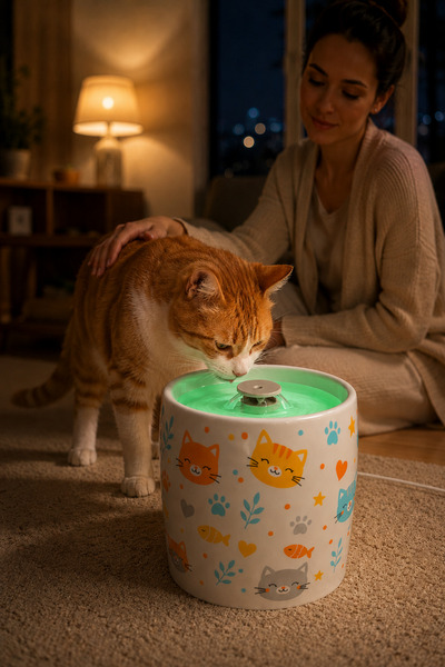 Pawicci Kedi Köpek Porselen Su Pınari Otomatik Filtreli Pompa Seramik 1,3 L LED Işıklı USB Adaptörlü Su Sebili