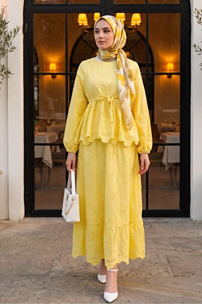 Modamorfo Elastic Sleeves, Belted, Scalloped Lined Linen Look Suit - Yellow