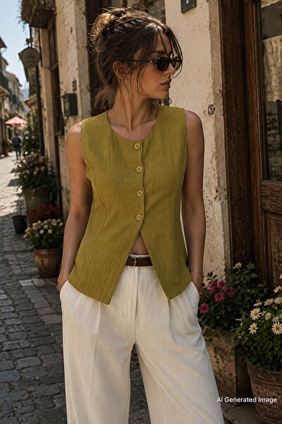 Madmext Oil Green Crew Neck Women's Long Vest Mg2331