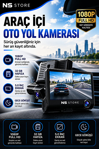 NS Store Full HD 1080P Gece Görüşlü 5.0 İnç Ekranlı 32 GB Destekli Araç İçi Y...