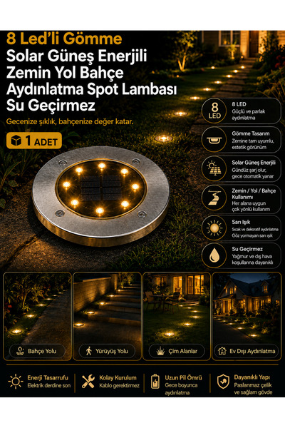Unichrome Tekli 8 Led’li Gömme Solar Güneş Enerjili Zemin Yol Bahçe Aydınlatm...