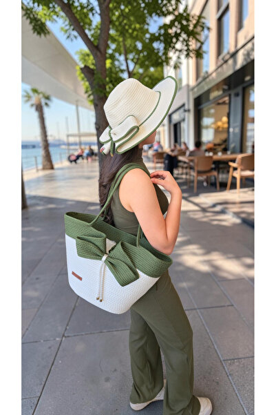 KAAN HOME Handmade Beach Pool Bag and Hat Set with Bow and Ribbon Multi-Purpo...