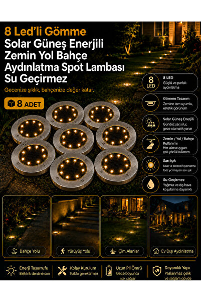 Unichrome 8 Adet 8 Led’li Gömme Solar Güneş Enerjili Zemin Yol Bahçe Aydınlat...