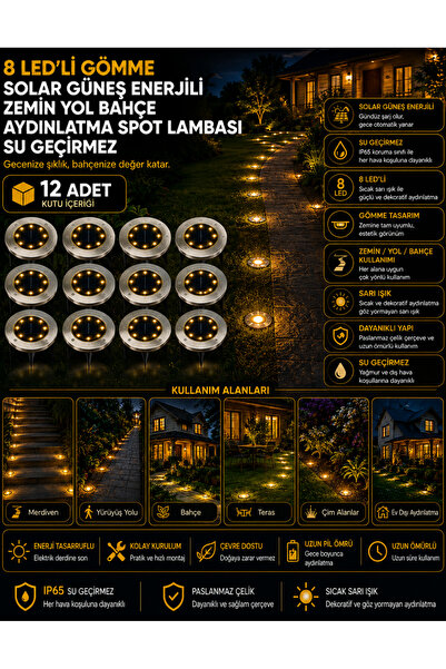 Unichrome 12 Adet 8 Led’li Gömme Solar Güneş Enerjili Zemin Yol Bahçe Aydınla...