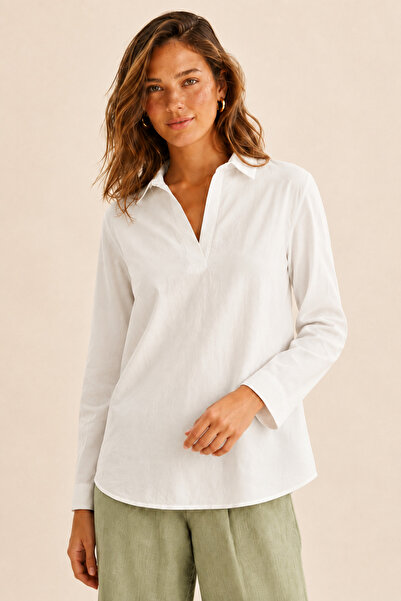 Nuevo Women's White V-Neck Long Sleeve Comfortable Fit Blouse -