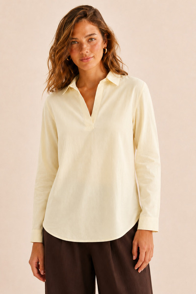 Nuevo Women's Pastel Yellow V-Neck Long Sleeve Comfortable Fit Blouse -