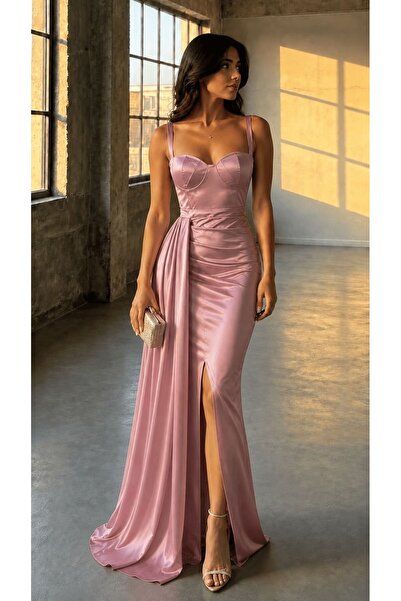 Modafeminen Dried Rose Heart Neck Off-Shoulder Strap Glop Slit Fish Long Maxi...
