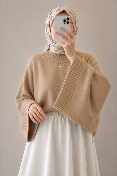 Gülce moda Women's Bat Sleeve Oversize Knitwear Sweater Mink