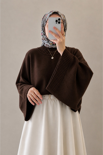 Gülce moda Kadın Yarasa Kol Oversize Triko Kazak Kahve