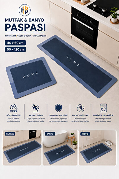HOBİLON (2 Adet) 40×60 ve 50×120 Cm Banyo Mutfak için Su Emici & Kaymaz Taban...