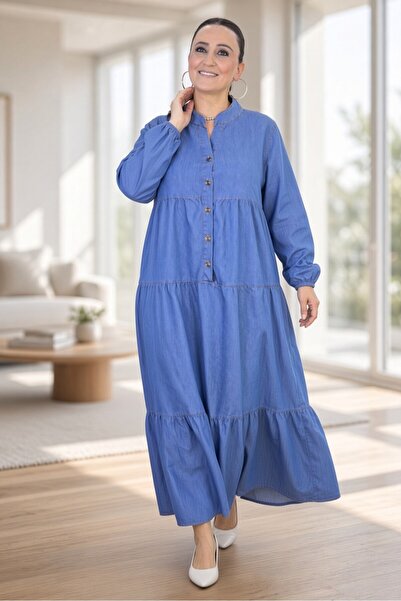 yagmurberen Rochie din denim evazată, mărime mare, cu jumătate de nasturi în ...