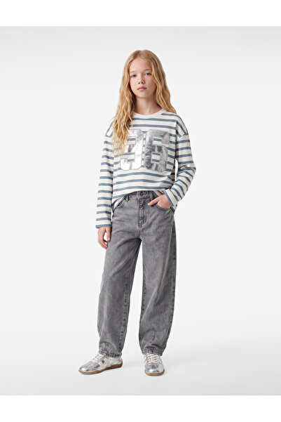 Koton Sequin Sequined Printed Crew Neck Long Sleeve Striped T-Shirt
