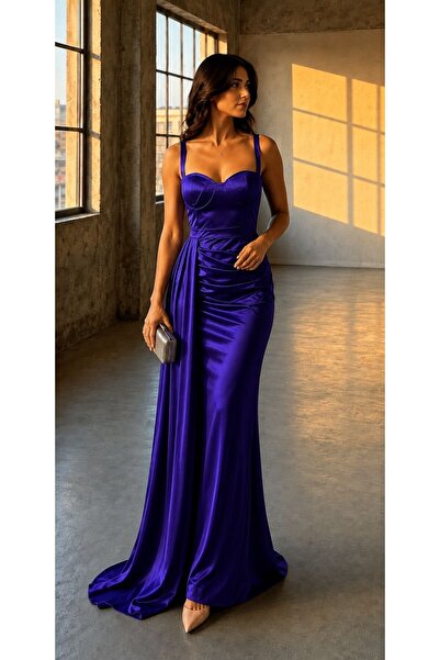 Modafeminen Mor Heart Neckline Off-The-Shoulder Straps Glop Slit Fish Long Ma...