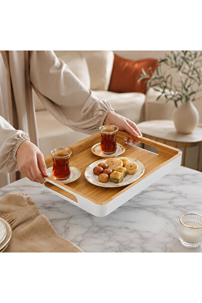 Dania Rectangular Bamboo Serving Tray with Side Handles - Wood and White Colo...