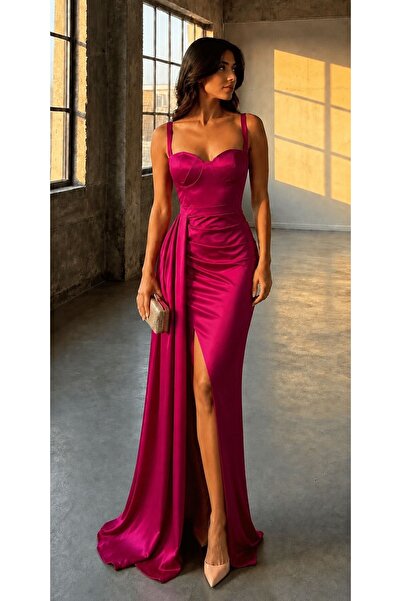 Modafeminen Fuchia Heart Neckline Off-The-Shoulder Straps Glop Slit Fish Long...