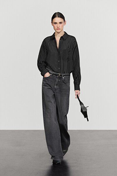 Massimo Dutti Çizgili dökümlü cep detaylı gömlek