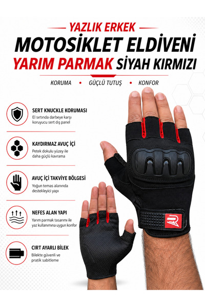MOTOKIT Revertech Aura Red / Half Finger - Motorcycle Gloves with Anti-Slip P...