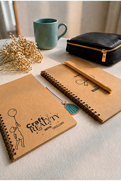 kRFT A5 Kraft Spiralli Çizgisiz Defter 2'li Set 40 Yaprak Kurdele ve Balon Ta...