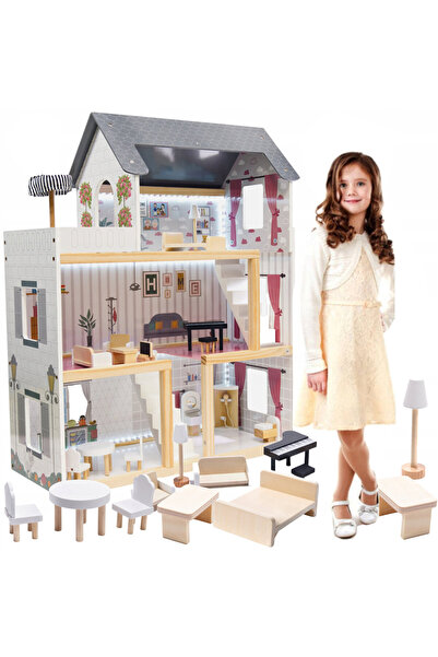 indiggo Casă de păpuși Dream House din lemn cu LED, 3 niveluri, 4 camere, mob...