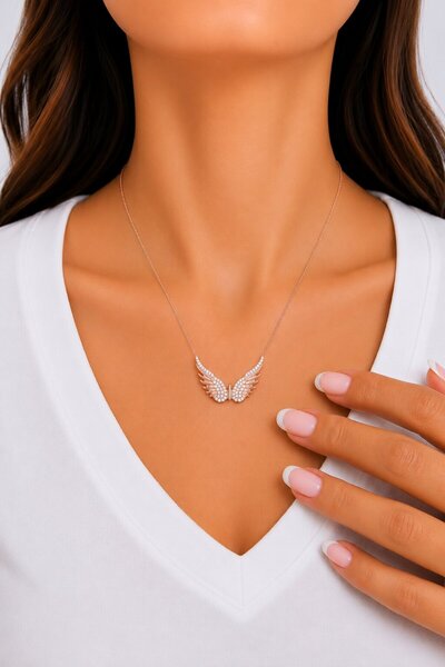 Afrodit Silver Rose Rengi Melek Kanadı 925 Ayar Gümüş Kadın Kolye