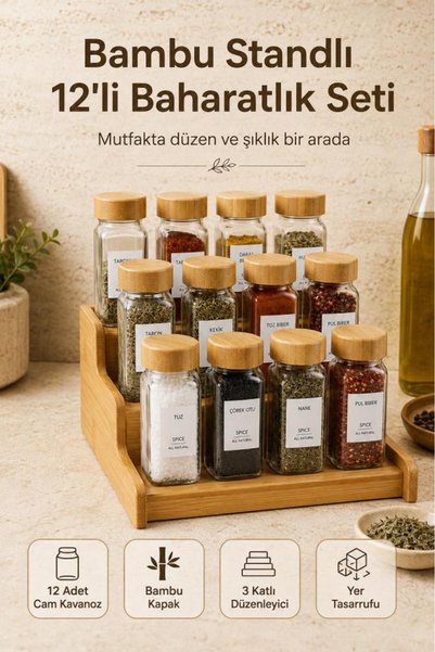 Atbyhome 13 Parça Bambu Standlı Baharatlık Seti - 12 Adet 120 ml Cam Baharat Takımı