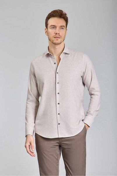 Bisse Beige Regular Fit Cotton Italian Collar Shirt