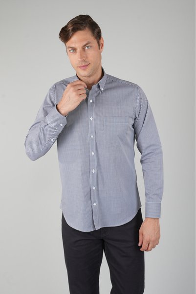 Bisse Black Regular Fit Cotton Long Sleeve Striped Italian Collar Shirt