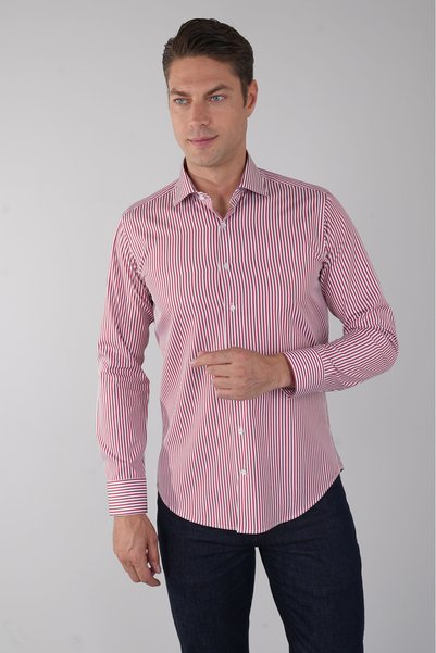 Bisse Red Regular Fit Cotton Pocketless Italian Collar Shirt