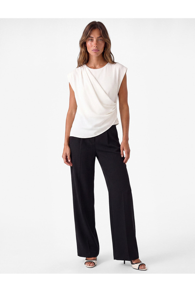 Koton Drape Detail Crew Neck Asymmetrical Double Breasted Blouse