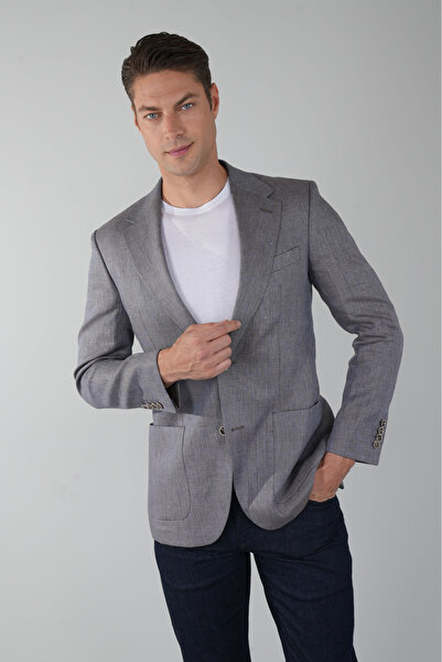 Bisse Mavi Regular Fit Keten Yün Ceket