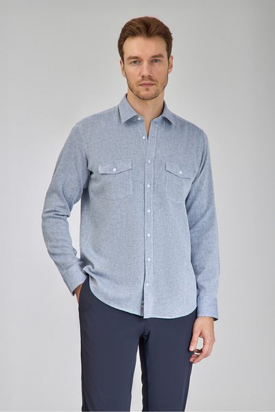 Bisse Sp Yaka Regular Fit Uk Shirt Double Pocket Blue