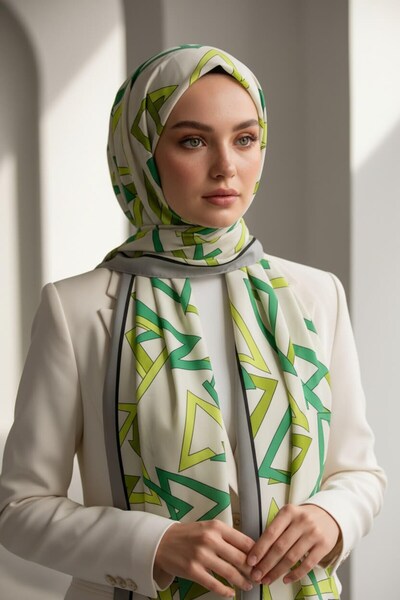 Vissona KREP GEOMETRİK DESENLİ FISTIK YEŞİLİ RENKLİ 75X195 KIRIŞMAZ ŞAL