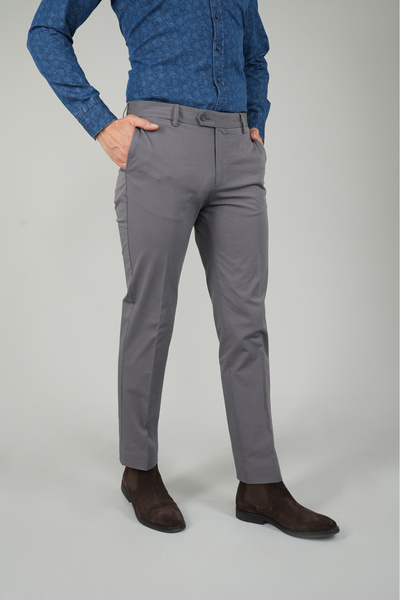 Bisse Gray Cotton Pocketed Dark Pleatless Sports Trousers