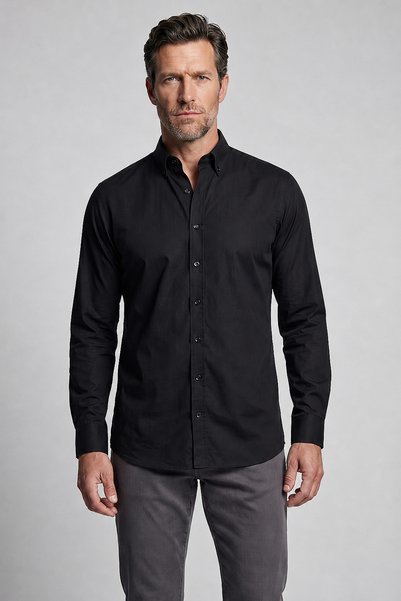Bisse Black Regular Fit Cotton Pocketless Long Pasha Collar Shirt
